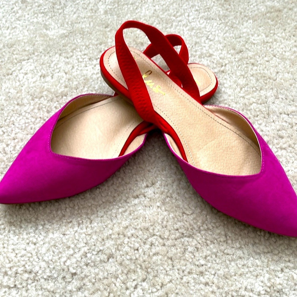 Red and purple sling back flat Lulus shoes!